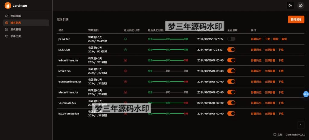 SSL证书管理系统工具网站源码，自动申请、部署SSL证书，并在证书即将过期时自动续期-梦三年Ym