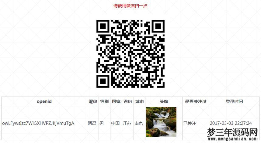 PHP微信扫码关注公众号并授权登录源码_梦三年Ym